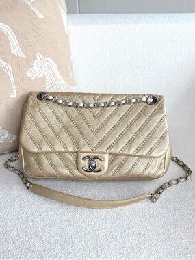 CHANEL Chevron Quilted Flap Shoulder Bag in Metallic Champagne | Like New